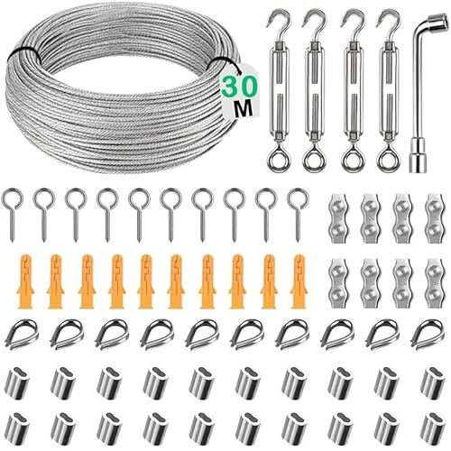 Cerkkapo 30M 3mm Drahtseil, M5 Seilspanner 304 Edelstahl Drahtseil Spanner Spanndraht Kit mit Doppelter 2-Säulen-Seilklemme,Stahlseil mit Ösen,Seilspanngarnitur für Zäune,Außenleuchten,Wäscheleine