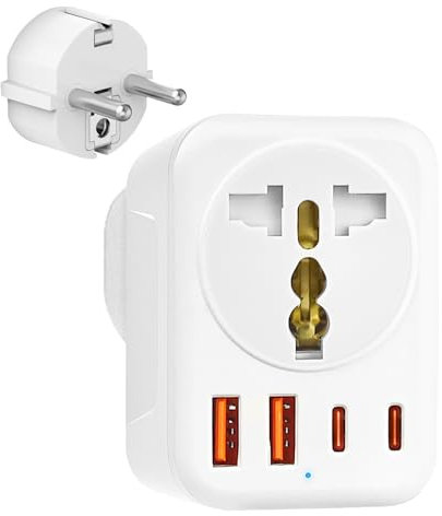 Loydia European Plug Adaptor, 5 in 1 UK to European Plug Adapter with 2USB & 2USB C Ports, Universal Travel Plug Adaptor EU Socket Adapter for Spain, France, Portugal, Germany, Turkey, etc. (Type E/F)
