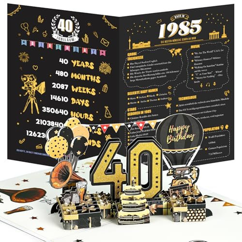 Joyoldelf 40. Geburtstagskarte, 1985 Jahrgang Geburtstag Karte, 3D Pop Up Grußkarten mit Umschlag, Vintage Geburtstag Geschenke für Mann und Frau