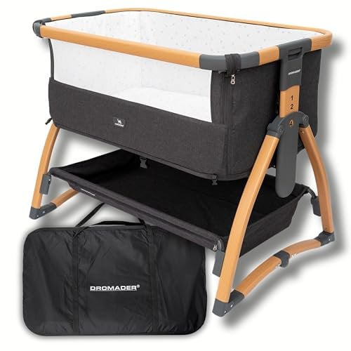 DROMADER Baby Beistellbett - Stubenwagen Baby mit Rollen und Wiegefunktion - 7 Höhenverstellungen - Atmungsaktives Netz - Matratze inklusive - Klappbares Design - Grau