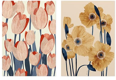 Hava Kolari 2er Blume Poster Set, Blume Wandbilder Premium Leinwandbilder Kunstdruck Boho Weihnachtsdekoration für Wohnzimmer Schlafzimmer Deko, Ohne Rahmen (40 x 50 cm)