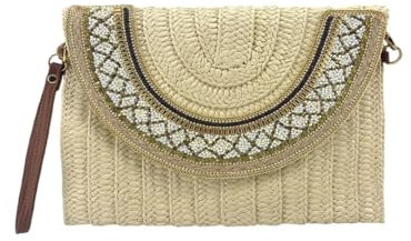 MODELISA - Bolso Sobre De Mano Y Hombro Rafia Paja Diseño Bohemio Solapa Mujer (Beige)