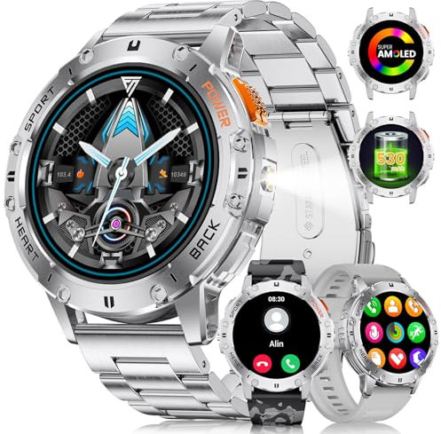 LIGE Reloj Inteligente Hombre con LED Linterna,3 Cinturini,530 mAh,1.43 AMOLED Smartwatch para Android iOS,5ATM Impermeable,24H Frecuencia Cardíaca,Llamadas Bluetooth Smart Watch
