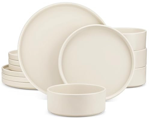 ZIHDKE Services de Table Service de Table en grès Beige 12/24/36 pièces avec Assiette à dîner/Dessert/Bol for 4/8/12 Personnes(12-Piece)