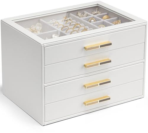 Vlando Schmuckkästchen Groß, Schmuckkasten mit 4 Ebenen, Schmuck Organizer mit Glasdeckel, 4 Schubladen,für Halsketten, Ohrringe, Uhren, Armbänder, Schmuckaufbewahrung, Modern, Cinderella Plus, Weiß