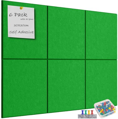 Kongming Pinnwand Filz Selbstklebend mit 40 Reißzwecken, 6 Stück 9mm Dick Pinwand, 30 * 30cm Pinnwand Groß Wanddekoration für Fotos, Notiz-memoboard für Zuhause Küche Büro Schule (Grün)
