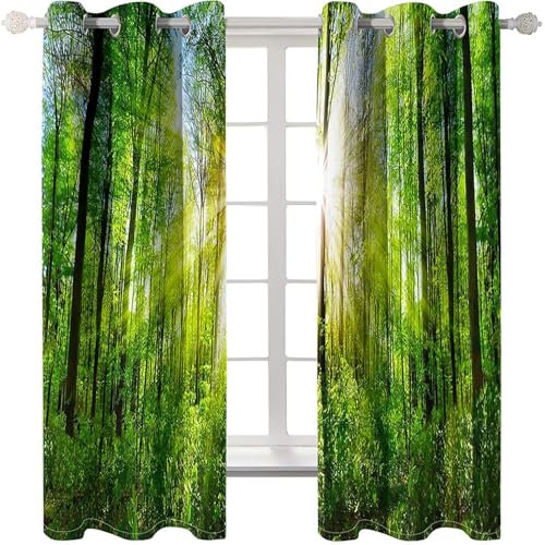 Homxi Küchen Vorhang Blickdicht 2er Pack,2 x 132W x 183H cm,Ösen Gardinen Bäume und Sonnenschein Landschaft Moderne Gardinen Wohnzimmer Grün