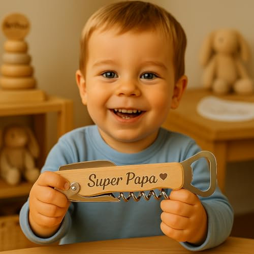 Tire-Bouchon Personnalisé en Bois, Cadeau Fête des Pères – Super Papa – Décapsuleur Personnalisé en Bois – Message Gravé (Super Papa)