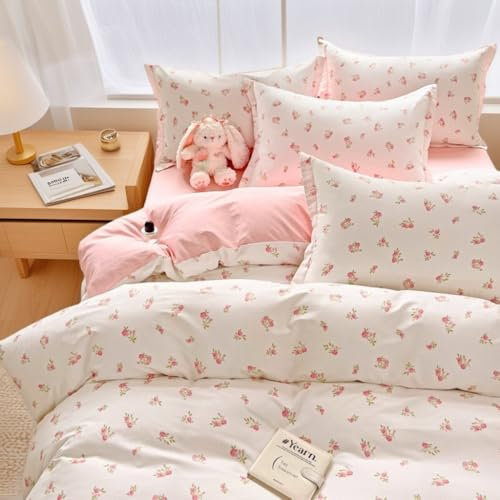 Nayoroom Bettwäsche 140x200 Blumen Rosa Weiß Tulpen Bettbezug Set Weiss Pink Floral ÖKO-TEX 100 Pflanzenmuster Aesthetic Clean Girl Microfaser Wendebettwäsche mit Reißverschluss und Kissenbezug 70x90
