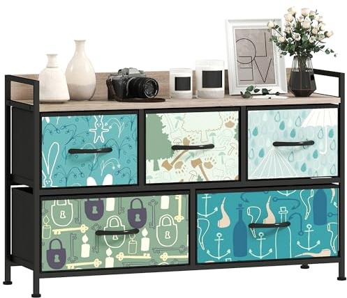 HOMCOM Bedroom Chest of Drawers, Fabric Dresser with 5 Drawers, Open Shelf and Steel Frame for Living Room, Hallway, Blue