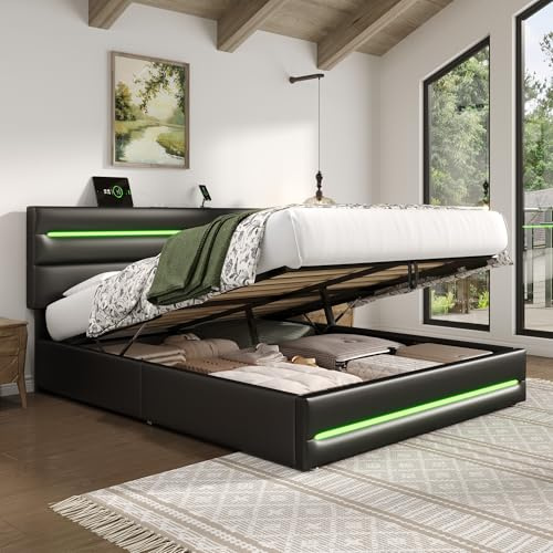 Upholstered Bed Frame with Hydraulic Lift & LED Adjustable Headboard, 5ft King Size Bed Frame with LED Lighting & Charging Station, PU Leather Functional Ottoman Storage Beds, Black, No Mattress