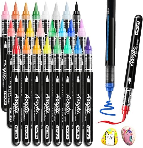 SYNCFUN 24 PCS Acrylic Paint Markers, Brush Tip Markers Acrylic pens, Waterproof Paint Coloring Pens for Drawing, Art Supplies & Kids DIY Craft, Fabric, Canvas, Rock Painting, Wood, Glass