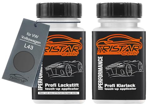 TRISTARcolor Autolack Lackstift für VW/Volkswagen L43 Grau Schwarz +1K | Set aus Basislack + Klarlack, Lackfläschchen mit Pinsel, je 50ml
