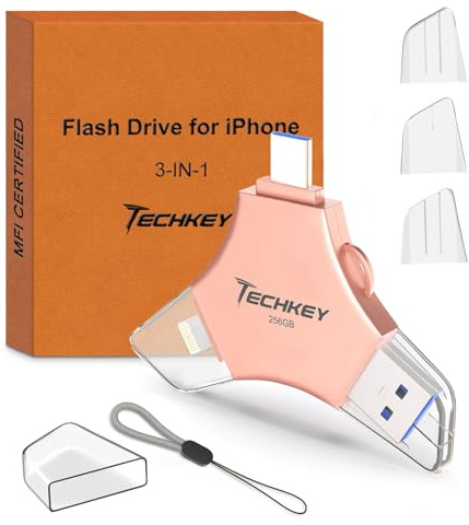 USB 3.0 Flash Drive for iPhone 256GB: MFi Certified 3in1 External Memory Photo Keeper Storage Stick for Picture/Video/Data Saver/Backup High Speed Thumb/Jump/Hard Drive for iPad/Android/PC -Pink