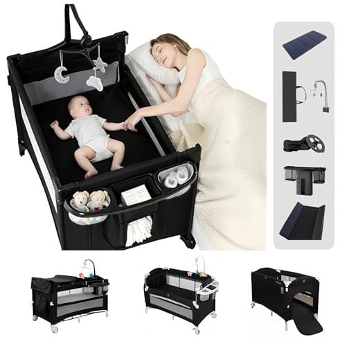 Aveainelle Pack und Play Baby-Reisebett, Faltbare und Umwandelbare Babywiege, Verstellbare Babywiege, Beistellbett für Kleinkinder (Schwarz ohne Netz)