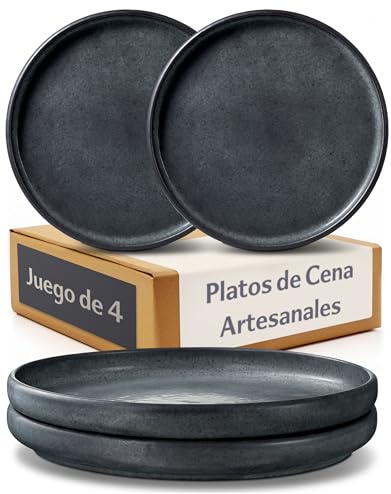Cosumy Set de 4 Assiettes Plates Ø26 cm – Service Assiette Artisanales Noires – Vaisselle Élégante pour 4 Personnes – Assiettes Service Table – Set de Vaisselle Durable