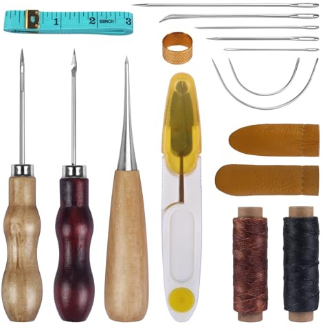 17 Stk Leder Nähset mit Ledernadel Ledergarn Ahle Nähwerkzeug | Ledernadel-Set 2 Sattlergarn Gewachst Sattlernadel Bohr Ahle Fingerhut Reißfest Wachsfaden Leder Zwirn für Lederreparatur