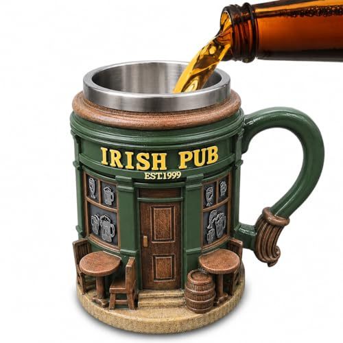 Nodrex 3D Irish Pub Mug, Vintage Medieval Embossed Resin Coffee Mug with Stainless Steel Lining, 300ml Tavern Style Drinking Cup, Beer Tankard Father’s Day Gift for Dad, Husband, Grandpa, Men