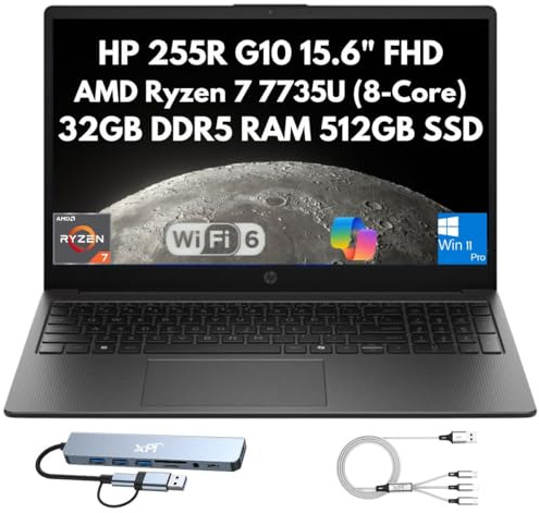 HP 255R G10 Business Laptop 2026, 15,6 FHD, AMD Ryzen 7 7735U 8-Core (Beats i7-1355U), 32GB DDR5 RAM, 512GB PCIe SSD, webcam, Wi-Fi 6, HDMI, tastierino numerico, docking station, copilot Windows 11
