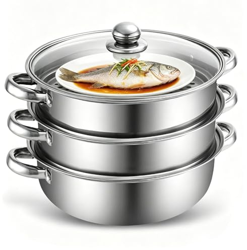 Yunlaishaocer Pentola a Vapore In Acciaio Inox, 28 cm Vaporiera Pentola per Cucinare con Inserto a Vapore e Coperchio in Vetro, a Induzione a 3/4 Strati, per Zuppe, Pasta, Pesce (Tre)