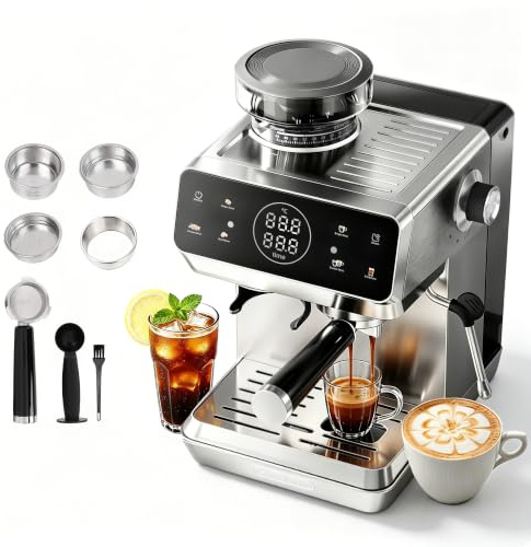 CAFELFFE Máquina de café espresso profesional MK-903 de 20 bares con molinillo incorporado, cafetera con modo caliente/frío y potente espumador de leche para latte/cappuccino, tanque de 1.8L y 1500W