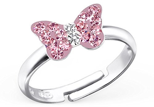Goldene Hufeisen Kleine Rosa Kristall Schmetterling Ring 925 Echt Silber Mädchen Kinder/Verstellbar