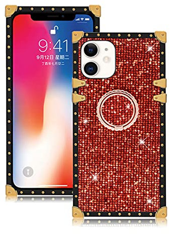 Fusicase for iPhone 11 Bling Glitter Case Cute Square Shiny Diamond Case with Ring Holder Kickstand Finger Grip Loop Protective Cover TPU Bumper Shockproof Case for iPhone 11 Red