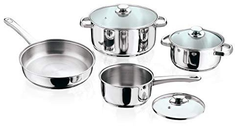 Vinod 7pc Stainless Steel Cookware Set (Frypan/Sauce Pan 2 Cooking Pots w/Glass Lid), Medium, Silver