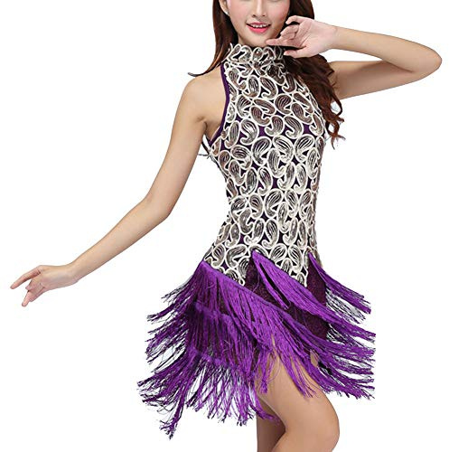 Mujeres de Cuello Alto Ropa de Baile Cóctel De Noche Vestido Latino Salsa Tango con Lentejuelas y Flecos