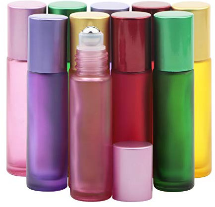 Rowiz 10PCS 10ml Colorful Frosted Glass Bottle Leakproof Glass Bottle Essential Oil Roller Bottles Set with Stainless Steel Balls and Anodized Aluminum Screwcap for Perfume & Aromatherapy Oils