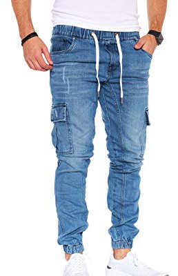 Styleko Herren Cargo Jeans Hose für Männer Jungen Regular Slim Fit Denim Destroyed Jogger Freizeithose Casual Pants Stretch 8003 (Light Blue-Elasten, 38W/32L)