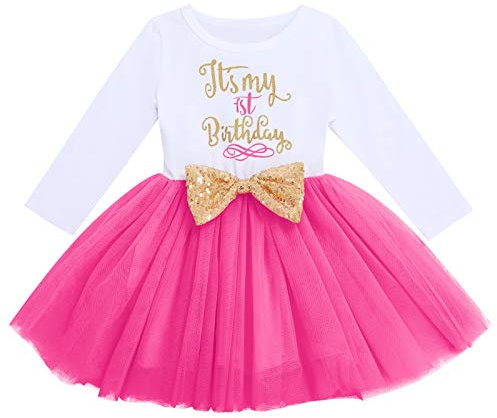 FYMNSI Vestito da bambina 1° / 2° / 3° compleanno, in cotone, a maniche lunghe, in tulle, da principessa, per feste, Rose - Es ist Mein 1° Geburtstag, 12 mesi