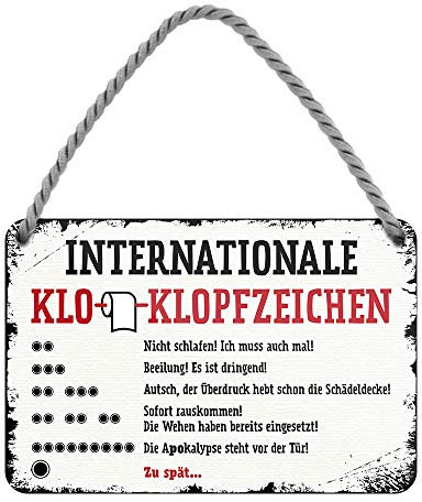 Klo Klopfzeichen Blechschild - witziges Metallschild mit Kordel und Saugnapf - lustiges Hängeschild - Türdeko oder Wanddeko für Toilette Gäste WC Badezimmer Bad Örtchen Klosett - 18x12cm