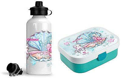 wolga-kreativ Set personalisierte Mepal Campus Vesperdose Kinder und Kinderflasche Frühstücksset für Mädchen Meerjungfrau Muschel mit Fächern und Unterteilungen Brotdose für Schule und Kindergarten