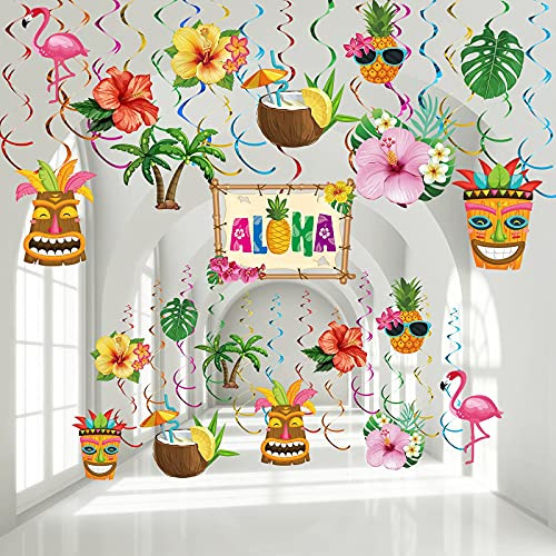 Outus 30 Pcs Hawaiian Luau Party Hanging Swirls Tropical Decor | Aloha Tropical Palm Flamingo Sign Foil Ceiling Decor for Hawaiian Tropical Summer Beach Pool Tiki Party Supplies