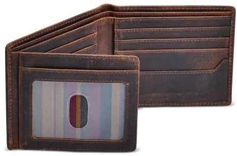 BULL GUARD RFID Blocking Bifold Wallets for Men with 2 ID Windows - Large Capacity Full Grain Leather Credit Card Wallet…, Crazy Horse, Rfid Wallet