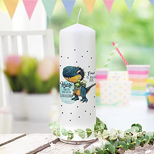 Einschulungskerze Kerze zum Schulanfang zur Einschulung Schulkind Motiv Dino T-Rex mit Schultüte Wunschname Datum wk199 - ausgewählte Größe: *04. Kerze*