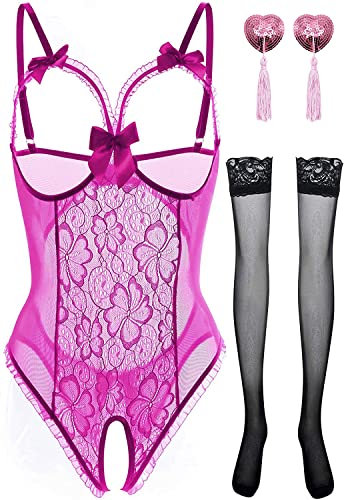 NLAND Lingerie Donna Body Pizzo Collo Biancheria Ad Anello Aperto Babydoll Uno Pezzo Biancheria con Cavallo Aperto con Capezzoli e Calze Prospettiva Pigiama(Rosa Rossa,Taglia Unica)