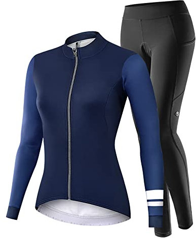 NUCKILY Fahrradbekleidung Set Damen Radtrikot Langarm Winddicht Damen Thermische Fleece mit 3D Polster Hosen, L, 1764