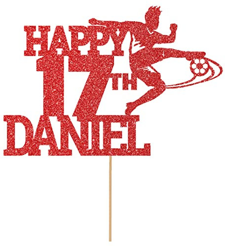 Personalised Birthday Football Footballer Cake Topper- Red Any Name & Age Glitter Cake Decoration and Sprinkles - Happy Birthday Decorations - Personalised Toppers for Cakes by Cakeshop