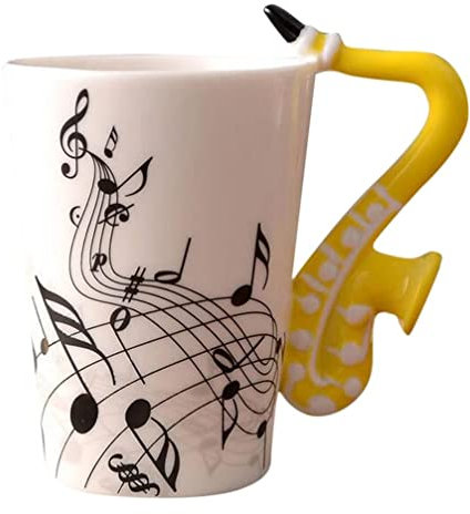 eKsdf Keramiktasse Musik Motiv Kaffeebecher mit Saxophon Henkel Lustige Teetasse Porzellan Tasse Keramik Kaffee Becher Geschenk für Freunde Kollegen (Gelb)