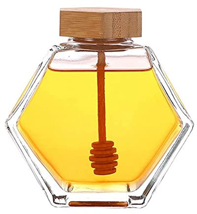 1 pot à miel vide en verre transparent de 380 ml avec cuillère en bois et couvercle en liège résistant à la chaleur (transparent)