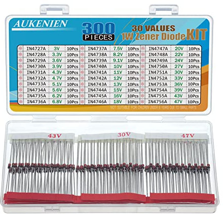 AUKENIEN 1W Zener Diode Z Dioden Sortiment Set 30 Wert Zenerdiode Kit 3V 3,3V 3,6V 3,9V 4,3V 4,7V 5,1V 5,6V 6,2V 6,8V 7,5V 8,2V 9,1V 10V 11V 12V 13V 15V 16V 18V 20V 22V 24V 27V 30V 33V 36V 39V 43V 47V
