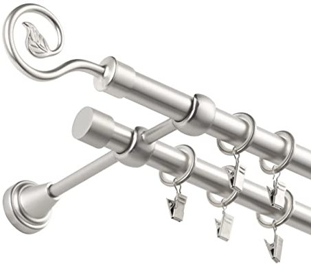 Fenster DEKOR - Gardinenstange Wandmontage 2-läufig 160 cm - Vorhangstange aus Stahl mit 32 Ösen und Clips - Gardinen Stange Satin - Gardinenstangen im Set mit Dübel - Elegante Vorhangstangen