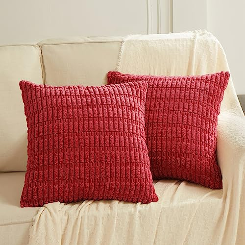 Fancy Homi Dekorative Kissenbezüge für Wohnzimmer, Sofa, Bett, rustikaler Bauernhaus-Stil, Boho-Wohndekor, weicher gestreifter Cord-Kissenbezug, quadratisch, Rot, 55 x 55 cm, 2er-Pack