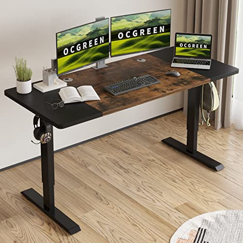 OCGREEN Elektrisch höhenverstellbarer Stehpult, Stehpult, Splice Board Home Office Computer Stehtisch Ergonomischer Schreibtisch (Schwarz+Braun, 160x76CM)