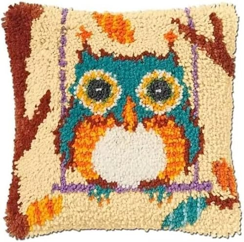 ROCKY&CHAO Knüpfteppich Zum Selber Knüpf-Sets mit Kissen knüpfen-Set 43x43cm Kissenbezug-Set für Erwachsene und Kinder Latch Hook Kit Heimaccessoire（Blaue Eule）