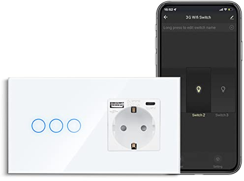 CNBINGO Smart Touch-Lichtschalter mit USB Schuko Steckdose Unterputz | mit USB Anschluss und Typ C (Max. 3.1A), WLAN Lichtschalter für Alexa, Google Assistant, Wandsteckdose Weiß