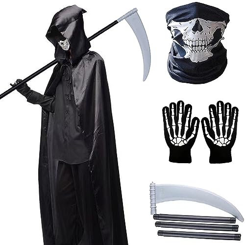 YIMOJOY 4er Sensenmann Kostüm Kinder Herren Set - Halloween Kostüm Jungen Gruselig 120/150/170/190CM Unisex Erwachsene Sensenmann Umhang mit Sense Schädelmaske SchädeHandschuhe(M)