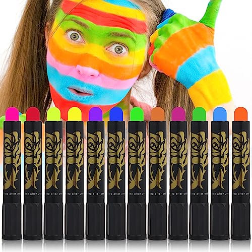 12 Uds Crayones de Pintura Facial de Neón, Crayones de Pintura Facial que Brillan en la Oscuridad Crayones de Pintura Corporal de Neón para Halloween Fiesta de Maquillaje (12 Colores)